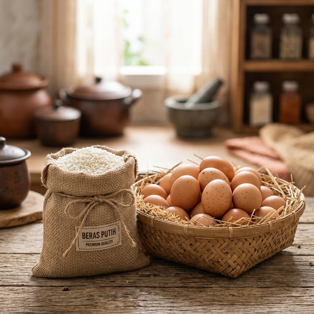 Beras putih berkualitas dalam karung goni kecil berdampingan dengan keranjang bambu berisi telur ayam segar.