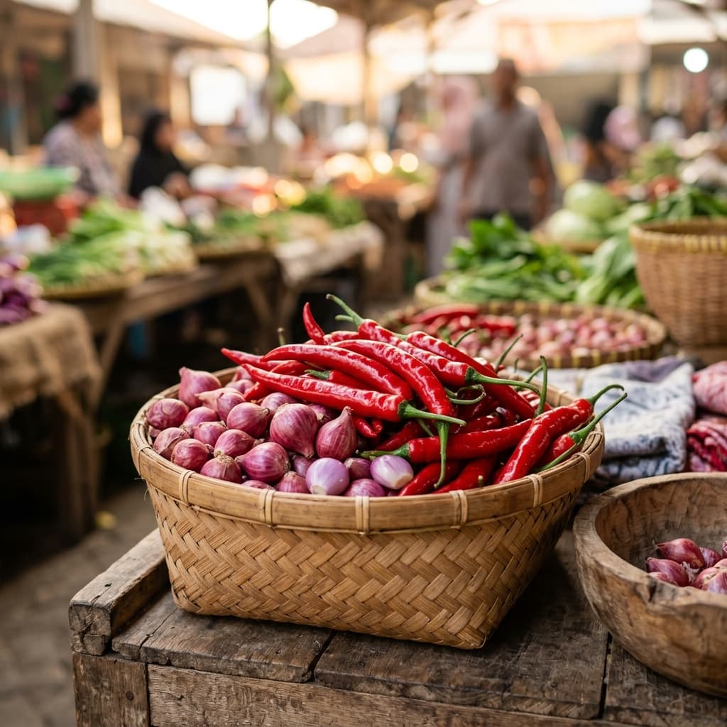 Keranjang bambu berisi cabai merah segar dan bawang merah di lingkungan pasar tradisional.