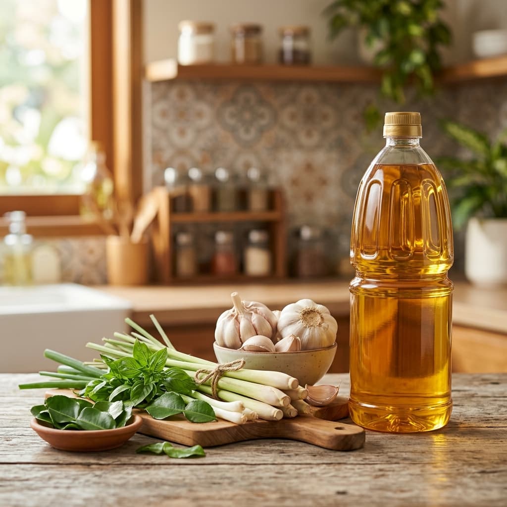 Botol minyak goreng keemasan di sebelah bawang putih dan rempah-rempah segar di dapur yang bersih.